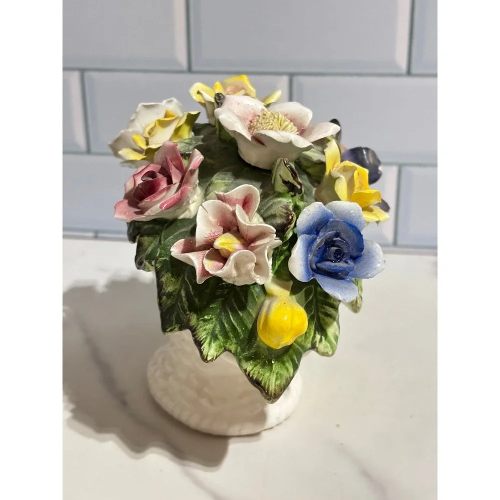 Vintage Lefton Porcelain Flower Basket Centerpiece Multi-Color Floral